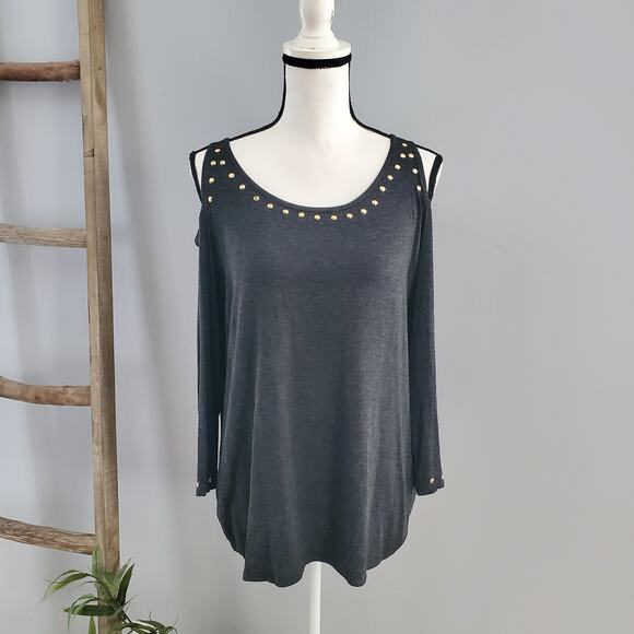 Belldini Gray Gold Shoulder Long Sleeve Studded Top XL - Picture 1 of 7